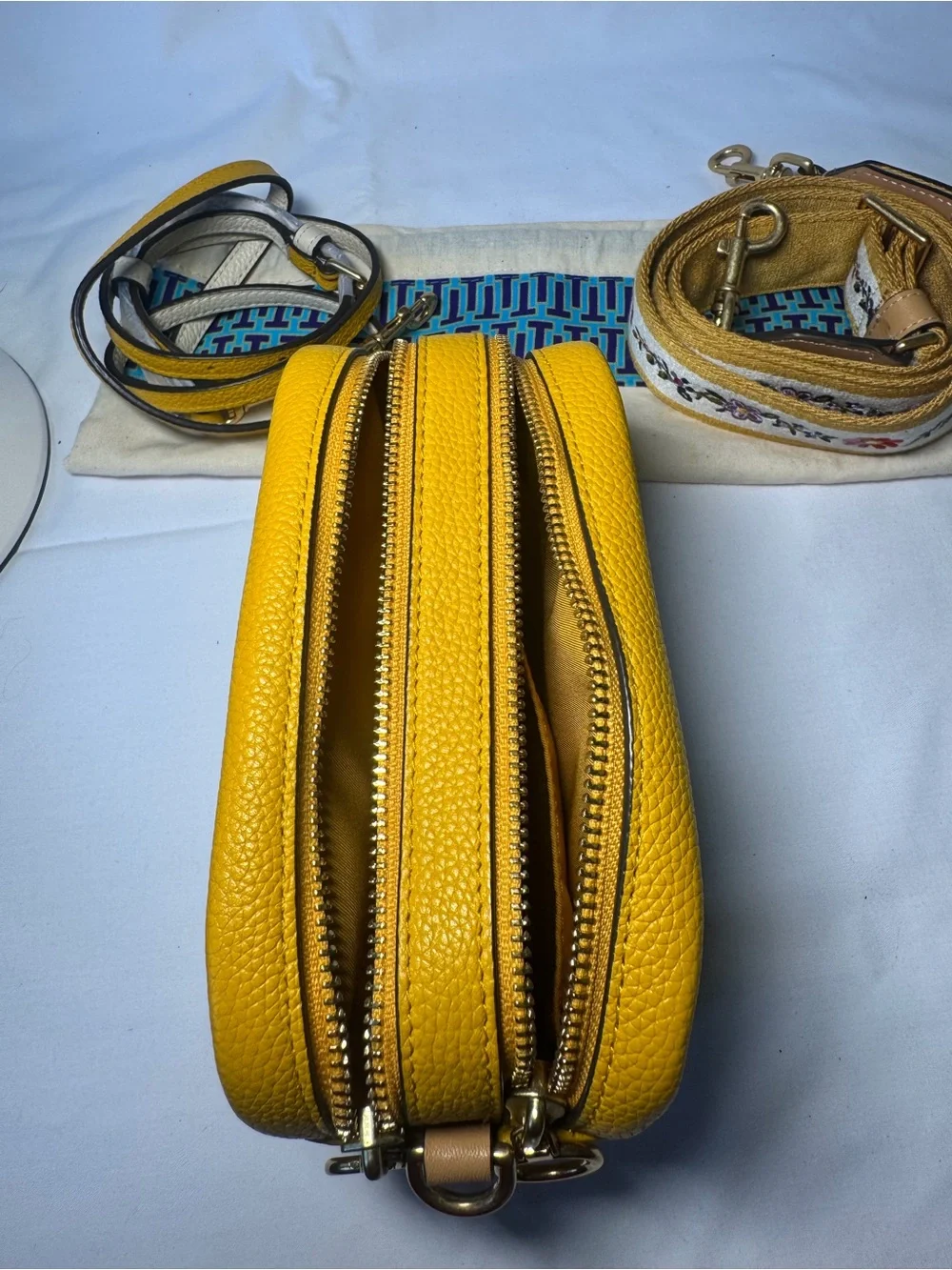 Tory Burch Cream Pebbled Leather Crossbody with Yellow Trim